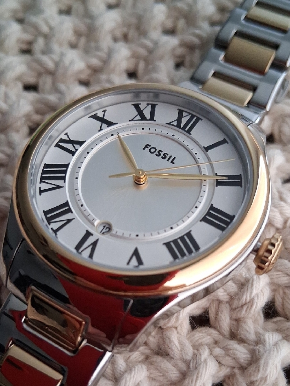 Fossil Two-Tone Silver and Gold Roman Numeral Bracelet Watch 38mm